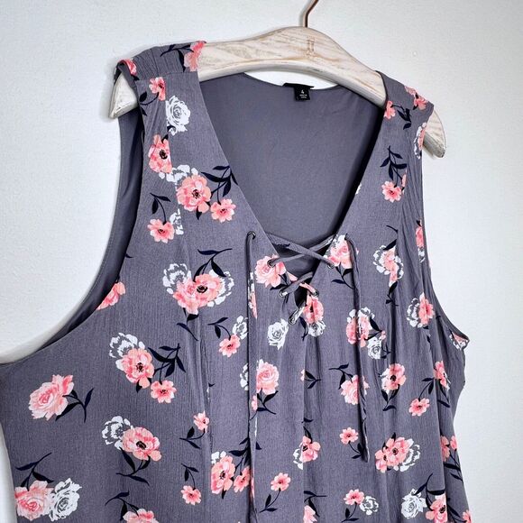 Torrid Women Floral Trapeze Swing Mini Dress Size 4 Gray Pink Lace Up Neck 4X - Picture 6 of 7